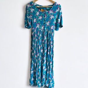 Down Done Under 90's Blue Tie Waist Floral Dress Women’s Large